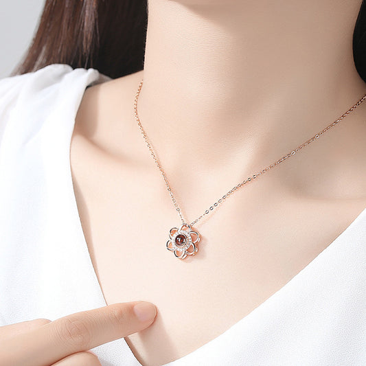 925 Sterling Silver Love Necklace, Memory In  Languages, Cherry Blossom Pendant Necklace - Bottega Happy Products