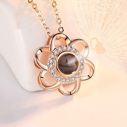 925 Sterling Silver Love Necklace, Memory In  Languages, Cherry Blossom Pendant Necklace - Bottega Happy Products